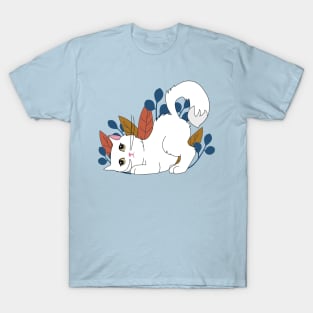 Cute white cat with high tail and brown eyes in garden with dark leaves T-Shirt